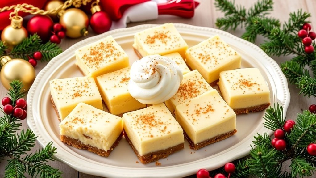 Cottage Cheese Eggnog Cheesecake Bars Recipe Cottage cheese eggnog cheesecake bars topped with whipped cream and nutmeg, displayed on a festive platter.