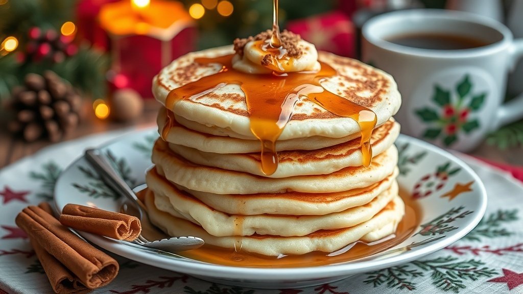 Stack of cinnamon roll pancakes with maple syrup and cinnamon, set on a festive table.