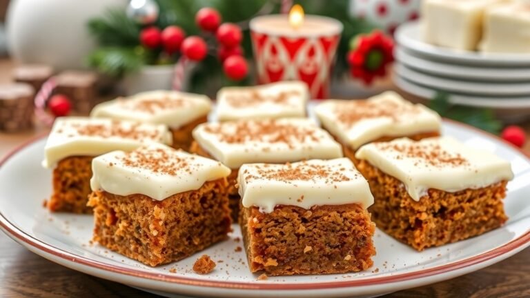 Gingerbread bars with cottage cheese frosting on a festive plate, decorated for the holidays.