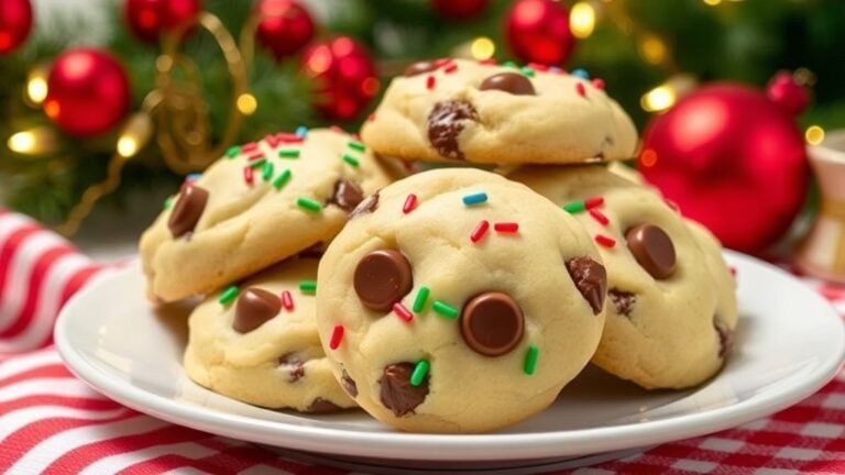 A festive plate of soft baked chocolate chip cookies with colorful sprinkles, perfect for Christmas.