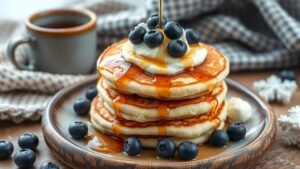 Fluffy blueberry pancakes topped with syrup and blueberries on a rustic plate.