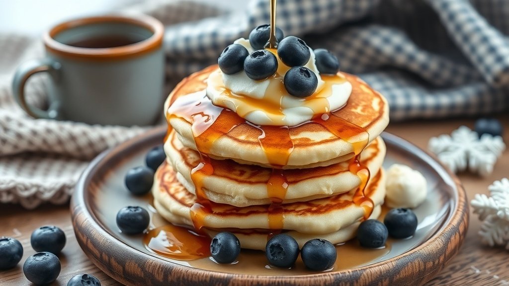 Fluffy blueberry pancakes topped with syrup and blueberries on a rustic plate.
