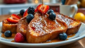 Caramelized French toast topped with berries and syrup on a cozy kitchen table.