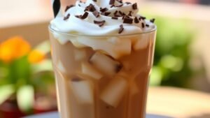 A glass of creamy mocha iced coffee with whipped cream and chocolate shavings, set in a sunny outdoor environment.