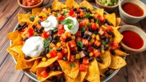 Loaded veggie nachos with cheese, black beans, corn, and fresh toppings on a wooden table with dips.