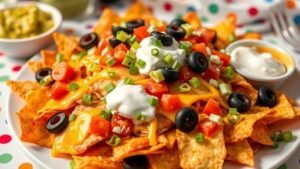 Crispy air fryer nachos with cheese, jalapeños, and toppings, served with sour cream and guacamole.