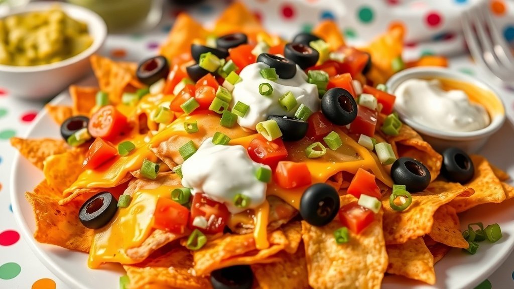 Crispy air fryer nachos with cheese, jalapeños, and toppings, served with sour cream and guacamole.