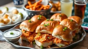Buffalo chicken sliders on a platter with ranch dressing and green onions, perfect for game day.