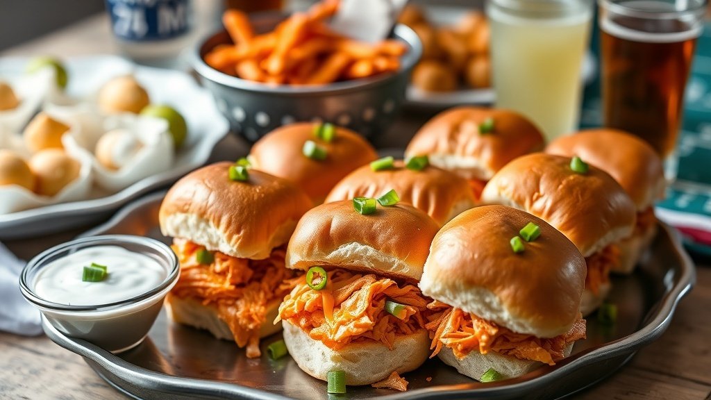 Buffalo chicken sliders on a platter with ranch dressing and green onions, perfect for game day.