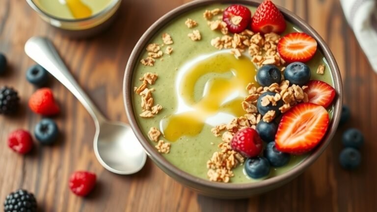 Cottage cheese smoothie bowl with berries and granola on a wooden table.