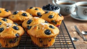 Freshly baked golden blueberry muffins on a cooling rack, with blueberries and coffee in the background.