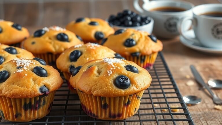 Freshly baked golden blueberry muffins on a cooling rack, with blueberries and coffee in the background.