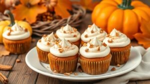 Spiced carrot cupcakes with cream cheese frosting, garnished with cinnamon and walnuts, on a rustic wooden table.