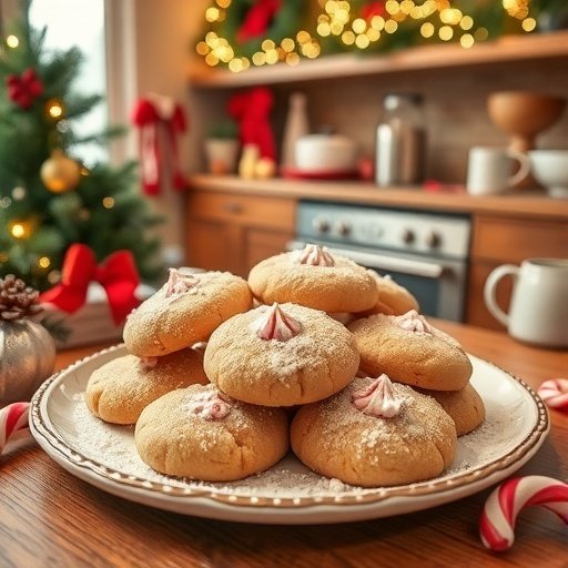 A plate of Brown Butter Peppermint Snowcap Cookies decorated for Christmas