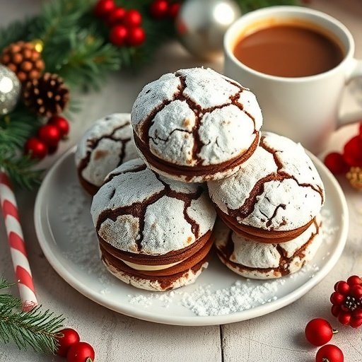 A plate of Hot Cocoa Crinkle Sandwich Cookies with a cup of hot cocoa in the background.