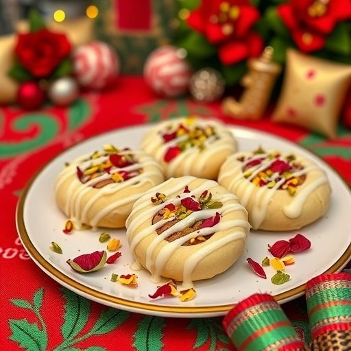 A plate of Pistachio Rose Thumbprint Cookies decorated with white chocolate ganache and rose petals.