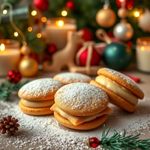 Eggnog Sandwich Cookies with Nutmeg Cream on a festive table