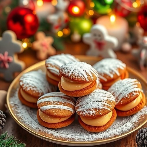 A plate of gingerbread alfajores filled with dulce de leche, dusted with powdered sugar, surrounded by festive decorations.