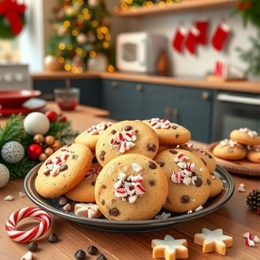 A plate of Candy Cane Chocolate Chip Shortbread Cookies decorated with crushed candy canes.