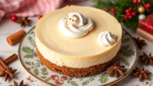Cottage Cheese Gingerbread Cheesecake with nutmeg whipped cream on a decorative plate, surrounded by festive holiday decorations.