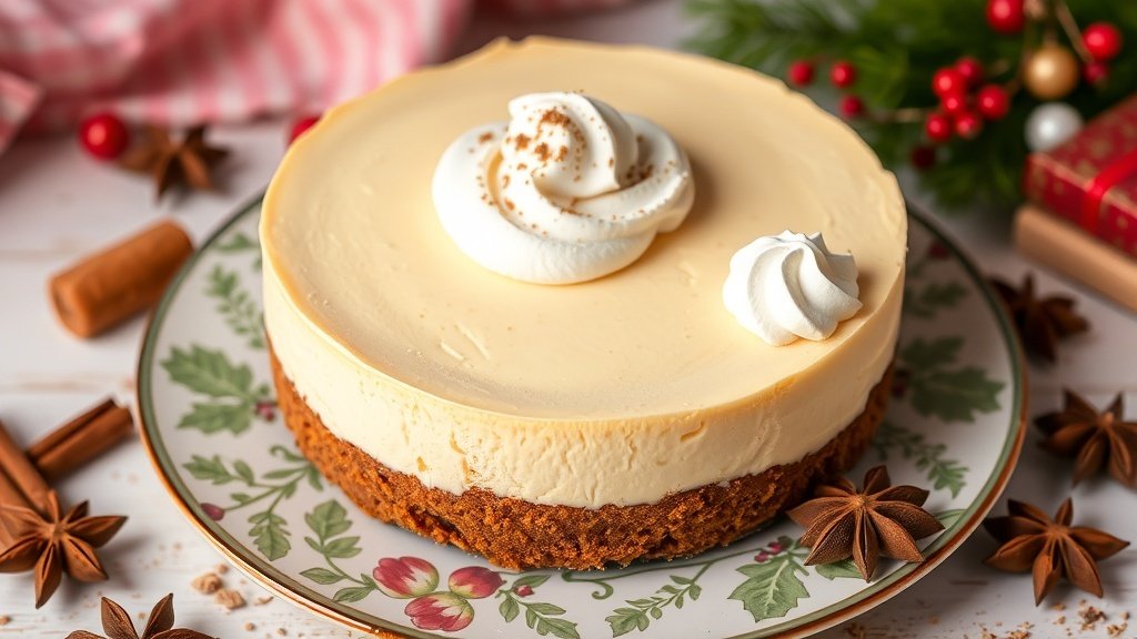 Cottage Cheese Gingerbread Cheesecake with nutmeg whipped cream on a decorative plate, surrounded by festive holiday decorations.