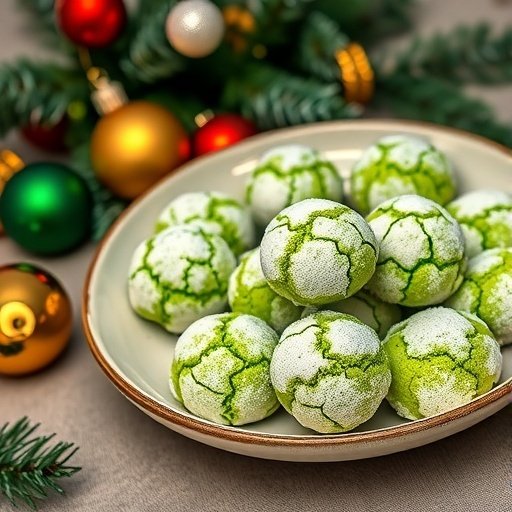 A plate of Grinch Crinkle Cookies with a festive background