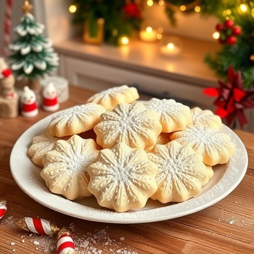 A plate of whipped shortbread cookies decorated with powdered sugar, set against a festive background.