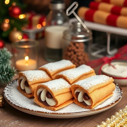 A plate of Italian Cannoli Cookies dusted with powdered sugar, showcasing their creamy filling.