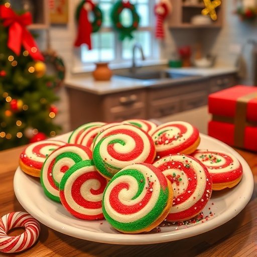 A plate of colorful Candy Cane Swirl Cookies decorated with red and green icing.