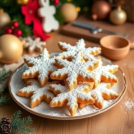 A plate of cinnamon sugar snowflake palmiers dusted with powdered sugar, set against a festive background.