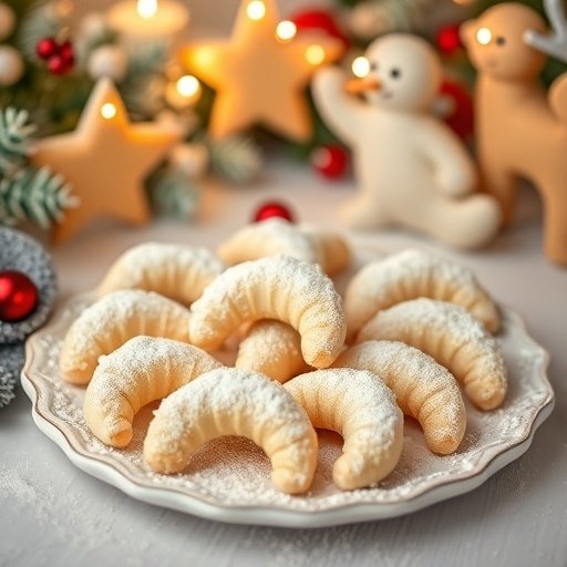 A plate of Keto Almond Snow Crescents dusted with powdered sugar, surrounded by festive decorations.