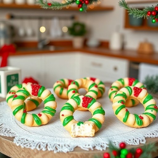 Keto Almond Macaroon Wreaths decorated with green and red icing