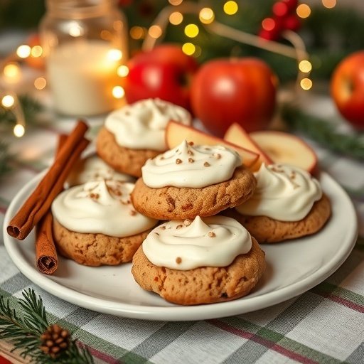 A plate of Apple Cider Protein Cookies with Cottage Cheese Frosting, garnished with apple slices and cinnamon sticks.