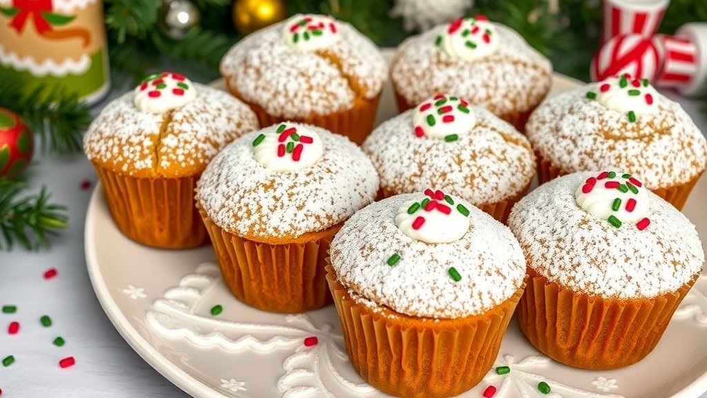 Fluffy gingerbread cottage cheese cupcakes dusted with powdered sugar, decorated for the holidays.