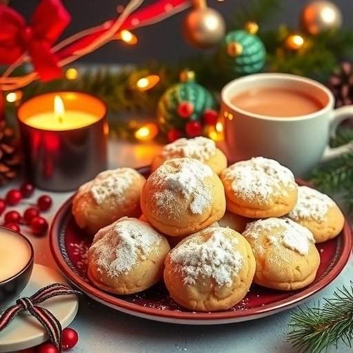 A plate of Christmas Gooey Butter Cookies dusted with powdered sugar, surrounded by festive decorations.