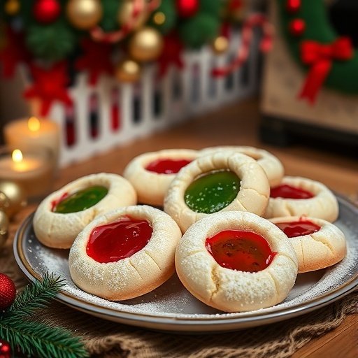 A plate of soft Christmas thumbprint cookies with colorful jam filling.