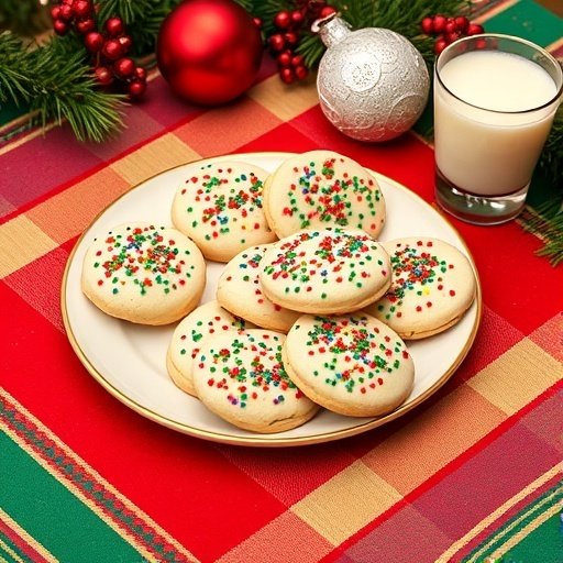 A plate of Festive Funfetti Christmas Cookies decorated with colorful sprinkles, set on a festive table with ornaments and a glass of milk.
