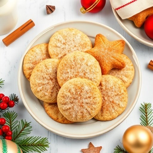 A plate of Holiday Eggnog Snickerdoodle Cookies with festive decorations