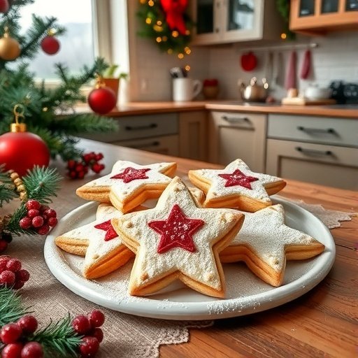 A plate of Raspberry Linzer Star Cookies decorated with red star shapes and powdered sugar.