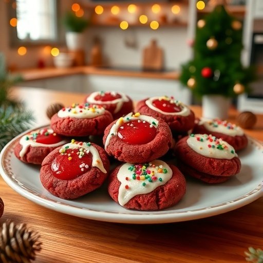 A plate of Chewy Red Velvet Thumbprint Cookies decorated with colorful sprinkles and a cherry jam center.