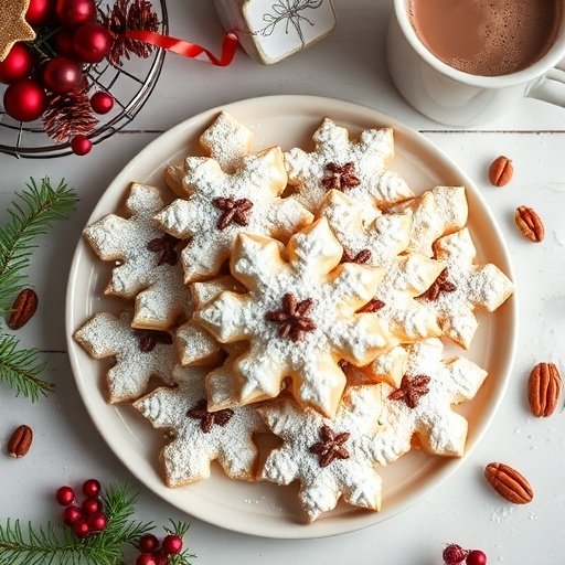 A plate of snowflake-shaped shortbread cookies decorated with powdered sugar and chocolate.