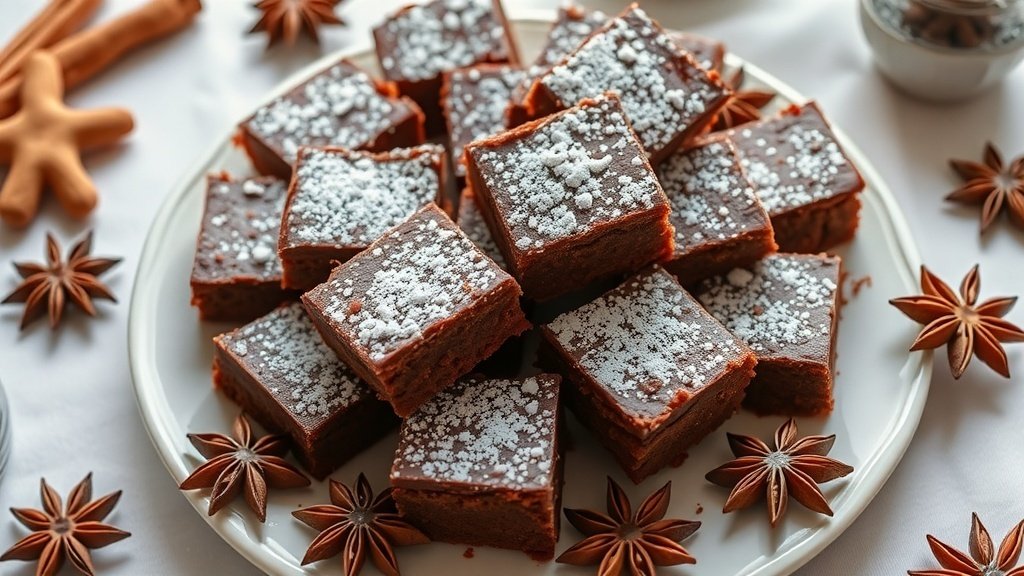 Moist gingerbread brownies on a plate, garnished with powdered sugar and surrounded by festive decorations.