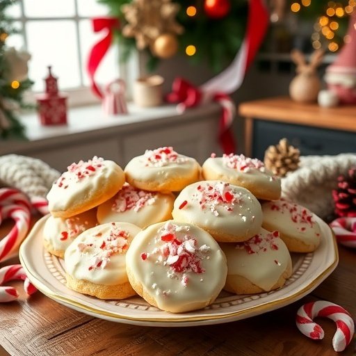 A plate of white chocolate peppermint cookies decorated with crushed candy canes.