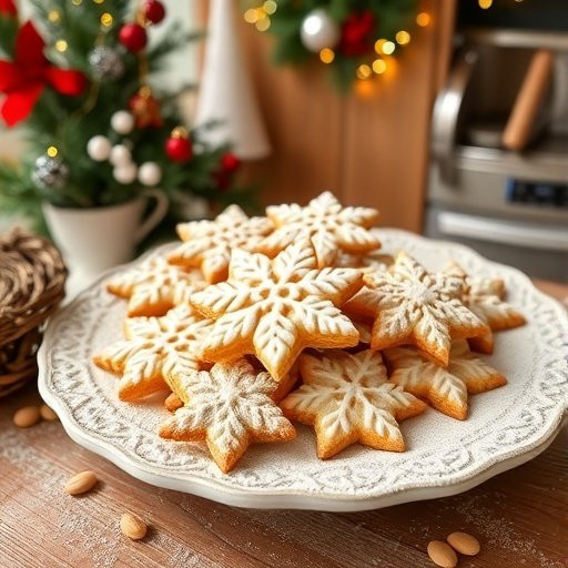 A plate of beautifully decorated shortbread snowflake cookies.
