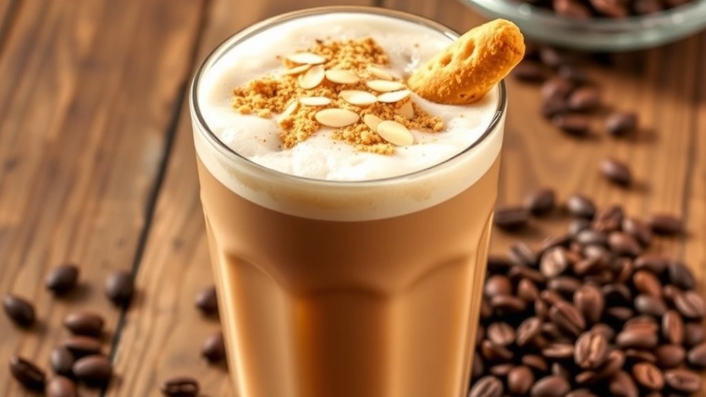 Vanilla Brown Butter Biscotti Iced Latte Recipe A glass of iced latte with almond foam and biscotti crumble on a wooden table.