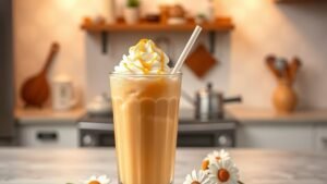 Iced Honey Chamomile Latte in a glass with ice, topped with whipped cream and honey, surrounded by chamomile flowers.