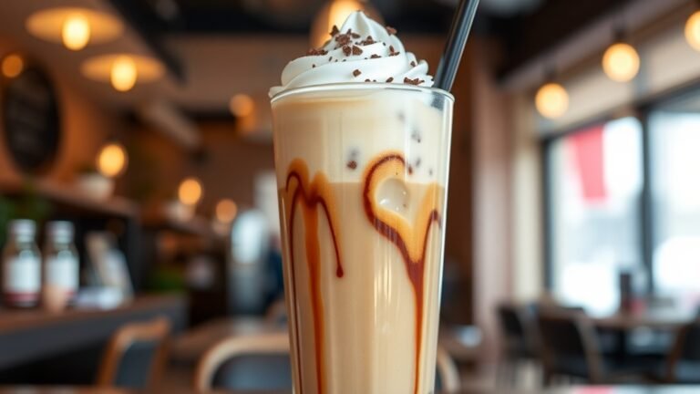 Iced latte with espresso, ice, and whipped cocoa-nib cream topped with chocolate shavings in a café setting.