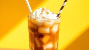 Iced coffee topped with cashew cream and flaky salt in a clear glass with ice.