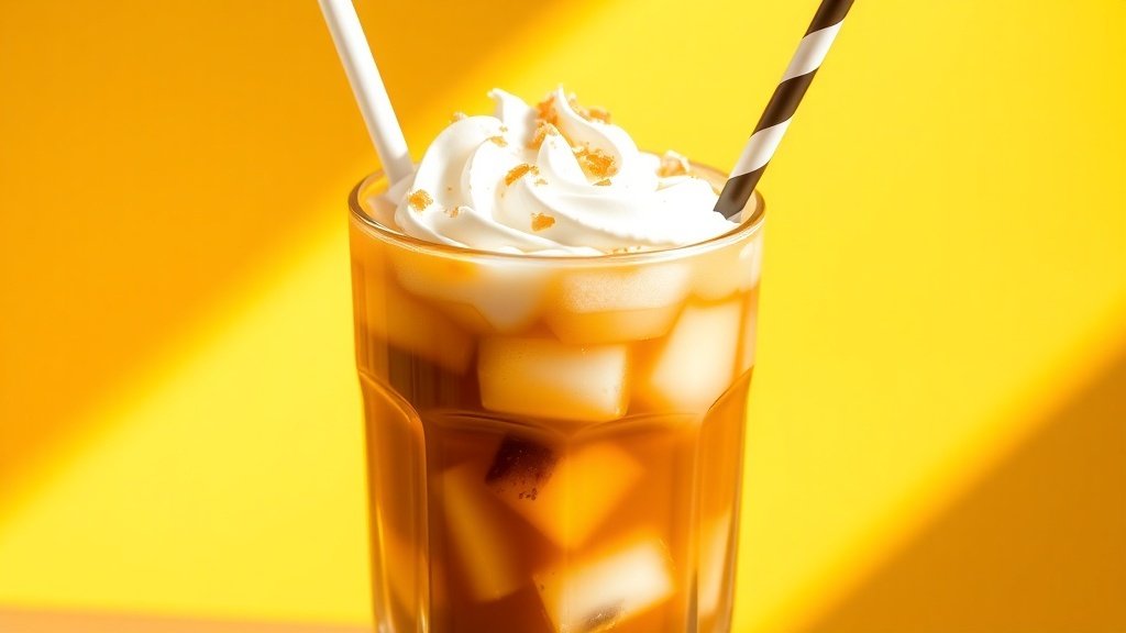 Iced coffee topped with cashew cream and flaky salt in a clear glass with ice.