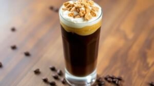 A refreshing cold brew coffee topped with whipped cream and cereal, served in a tall glass on a wooden table.